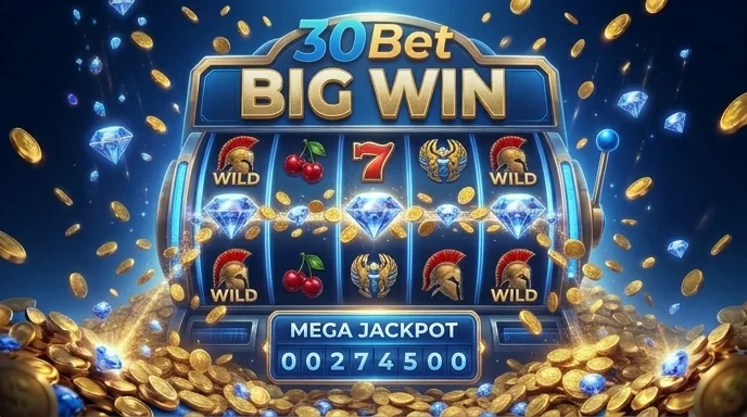 30bet slot machine met uitgelijnde symbolen en muntenregen bij een grote winst