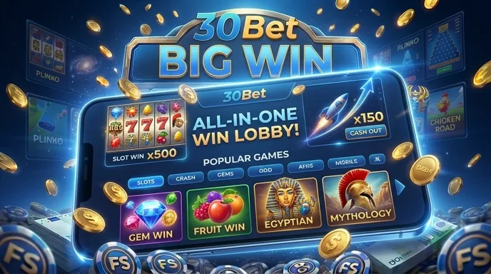 30Bet mobiele casino-app met de spellobby op een smartphone